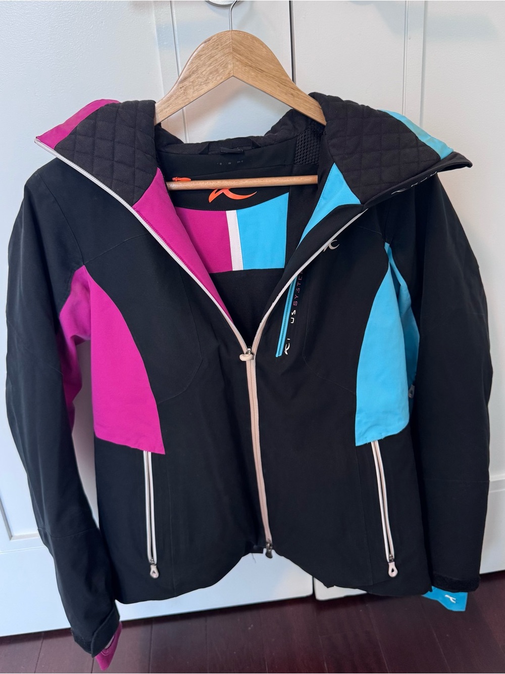 Women’s Black Ski Jacket with Pink & Blue Panels
